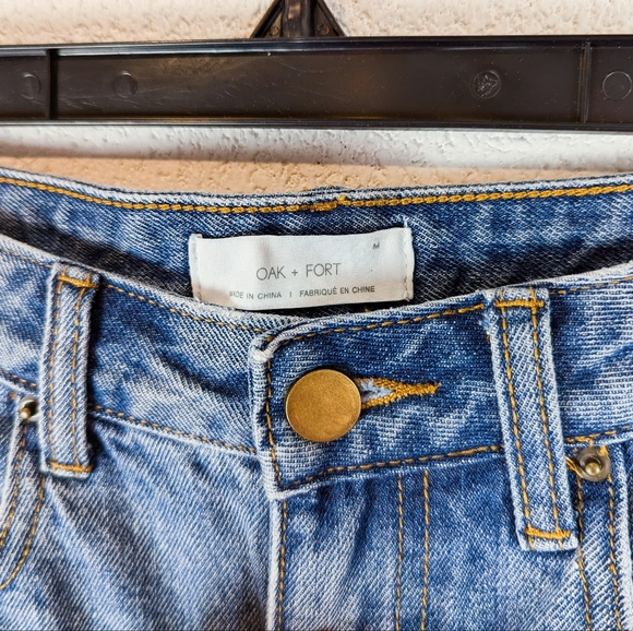 S/M Oak + Fort Mini Denim Skirt Raw Hem Statement Pockets Light Wash Cotton Jean - Picture 5 of 7